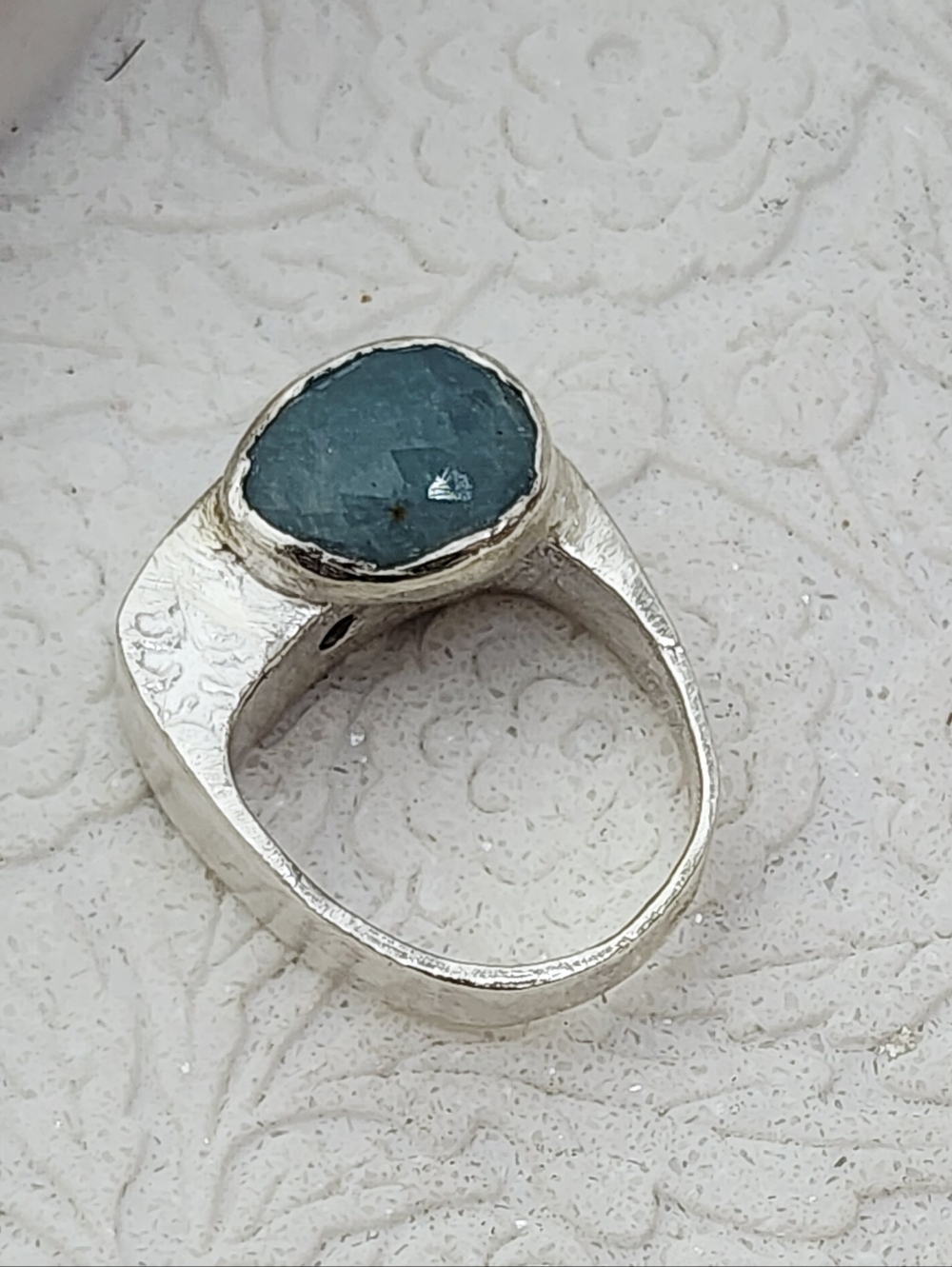 AQUAMARINE HALLOW EMBOSSED RING HANDMADE IN STERLING SILVER SIZE 7.50